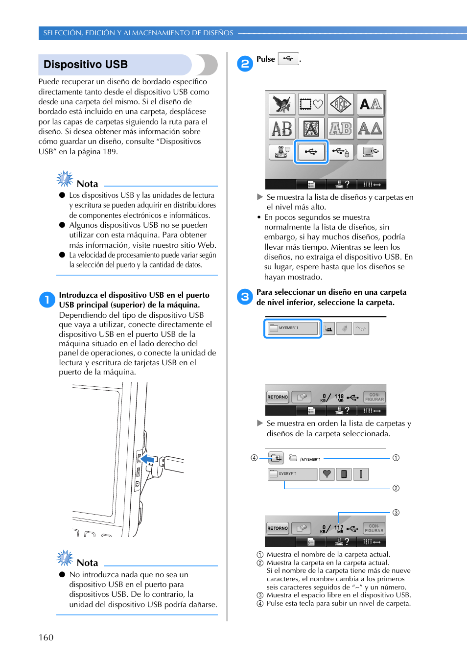 Dispositivo usb, Nota | Brother PR655 User Manual | Page 162 / 280