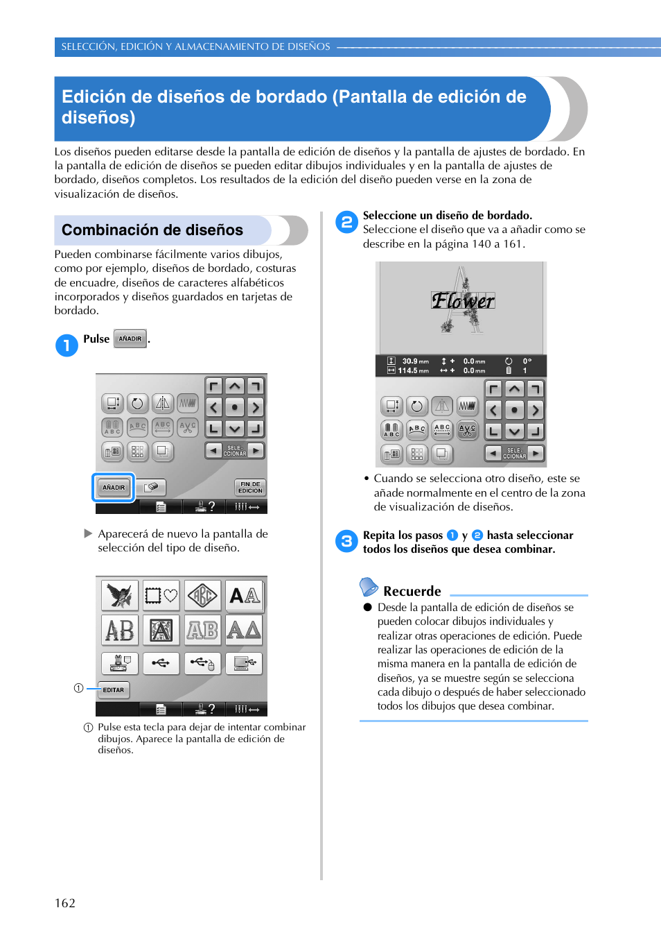 Combinación de diseños, Recuerde | Brother PR655 User Manual | Page 164 / 280