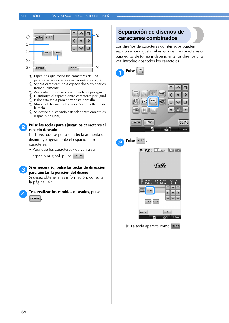 Separación de diseños de caracteres combinados | Brother PR655 User Manual | Page 170 / 280