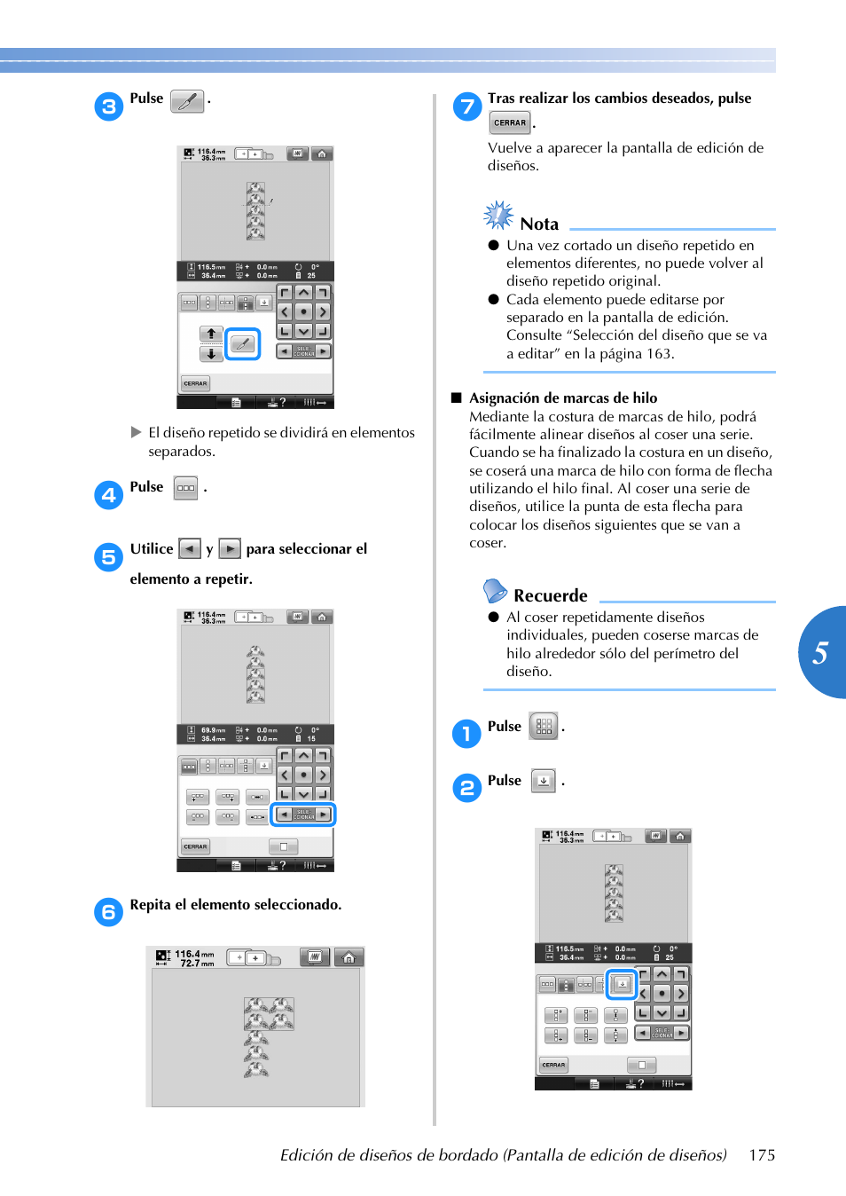 Nota, Recuerde | Brother PR655 User Manual | Page 177 / 280
