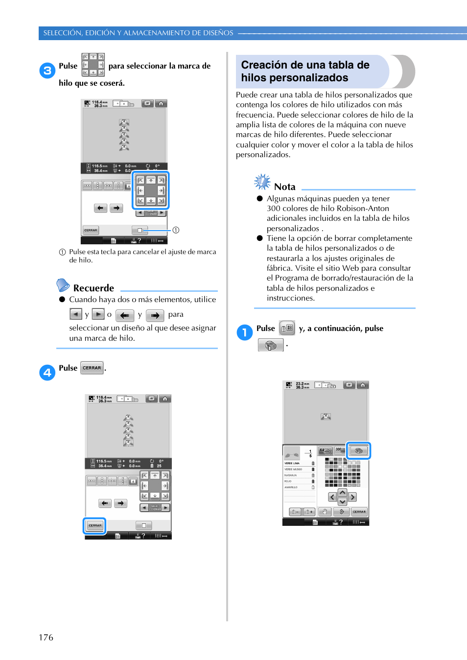 Creación de una tabla de hilos personalizados, Recuerde, Nota | Brother PR655 User Manual | Page 178 / 280