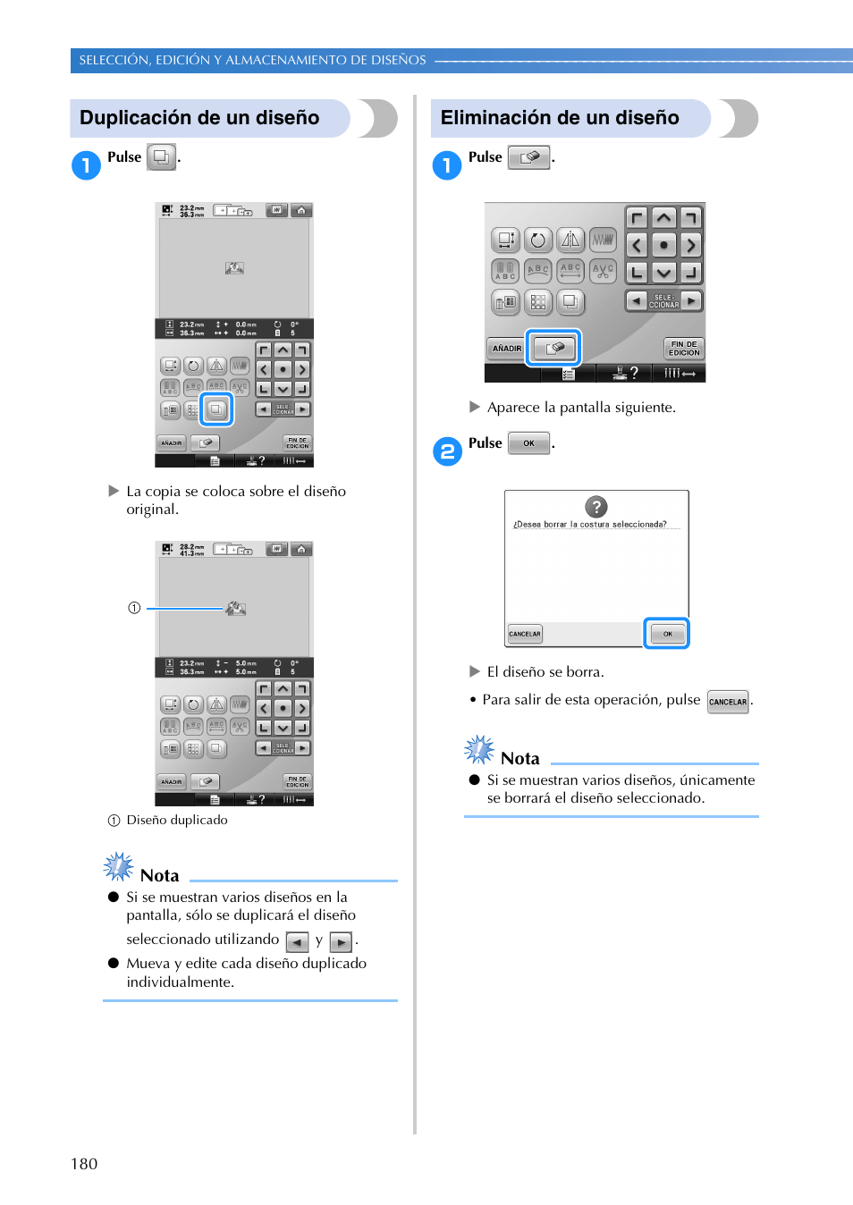 Duplicación de un diseño, Eliminación de un diseño, Nota | Brother PR655 User Manual | Page 182 / 280
