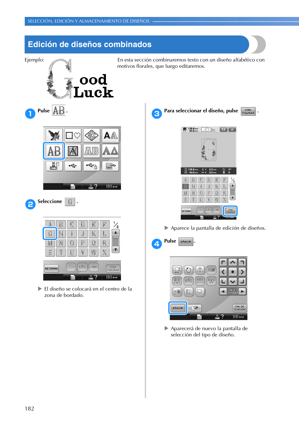 Edición de diseños combinados | Brother PR655 User Manual | Page 184 / 280