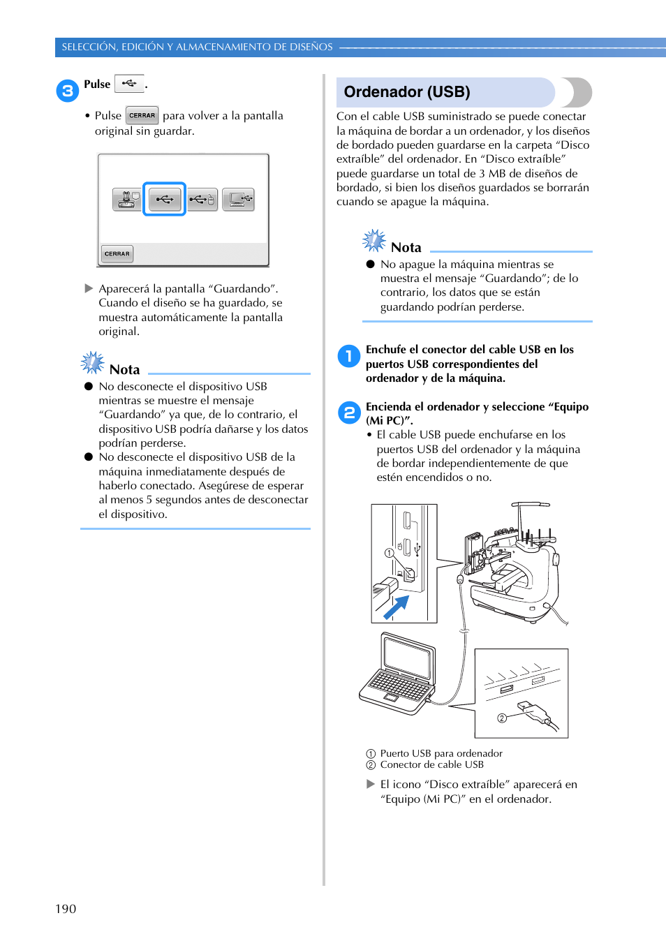 Ordenador (usb), Nota | Brother PR655 User Manual | Page 192 / 280