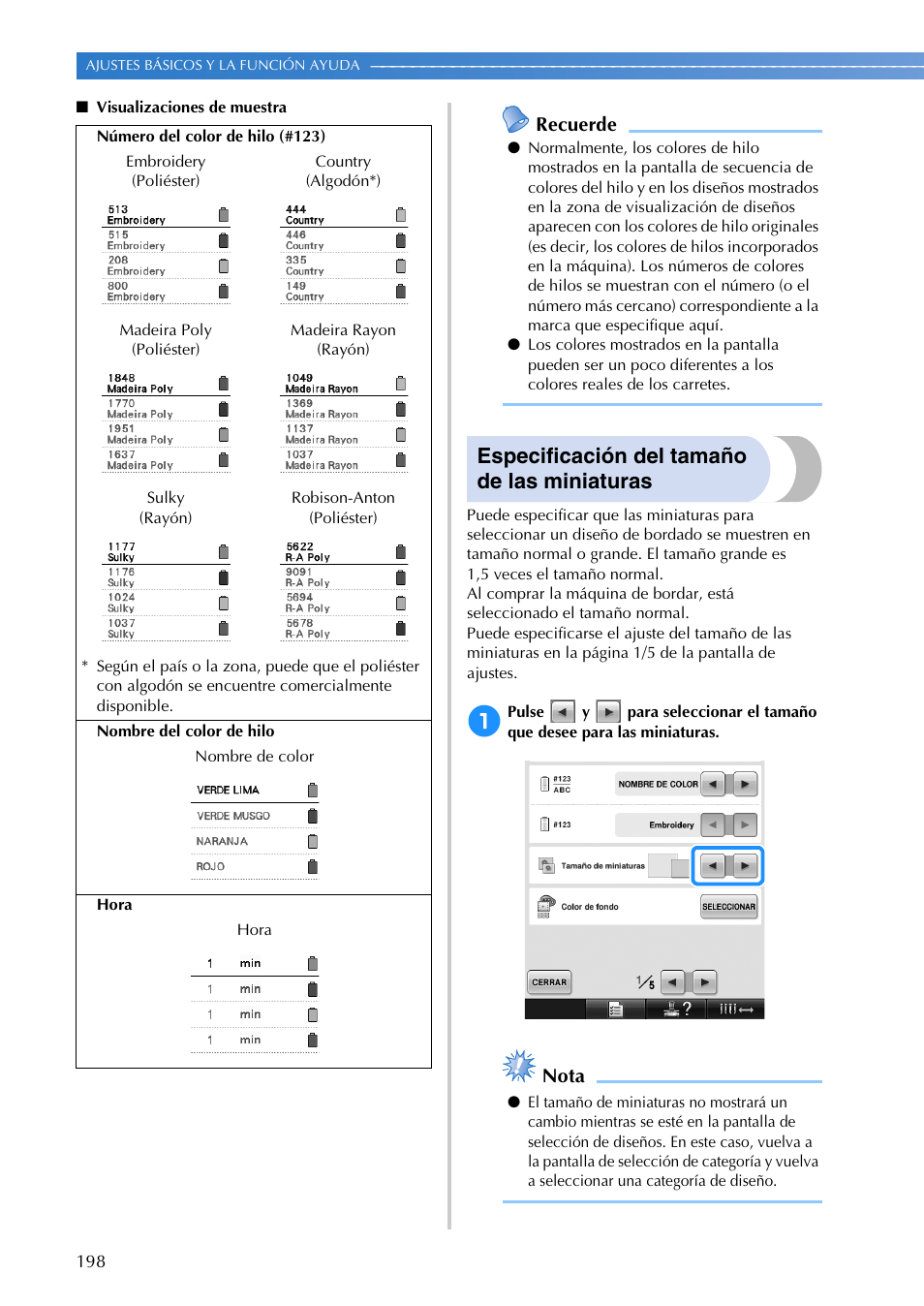 Especificación del tamaño de las miniaturas, Recuerde, Nota | Brother PR655 User Manual | Page 200 / 280
