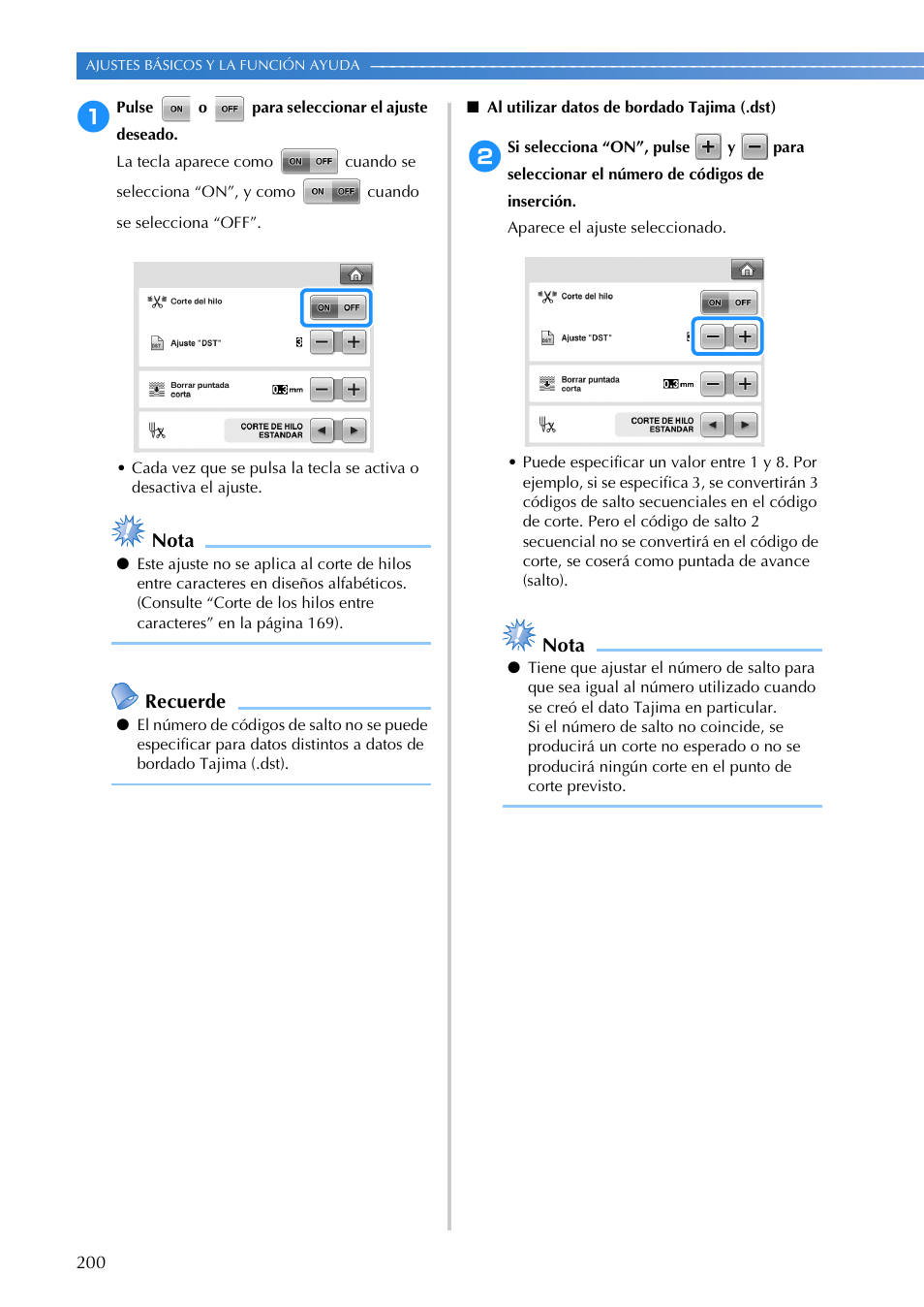 Nota, Recuerde | Brother PR655 User Manual | Page 202 / 280