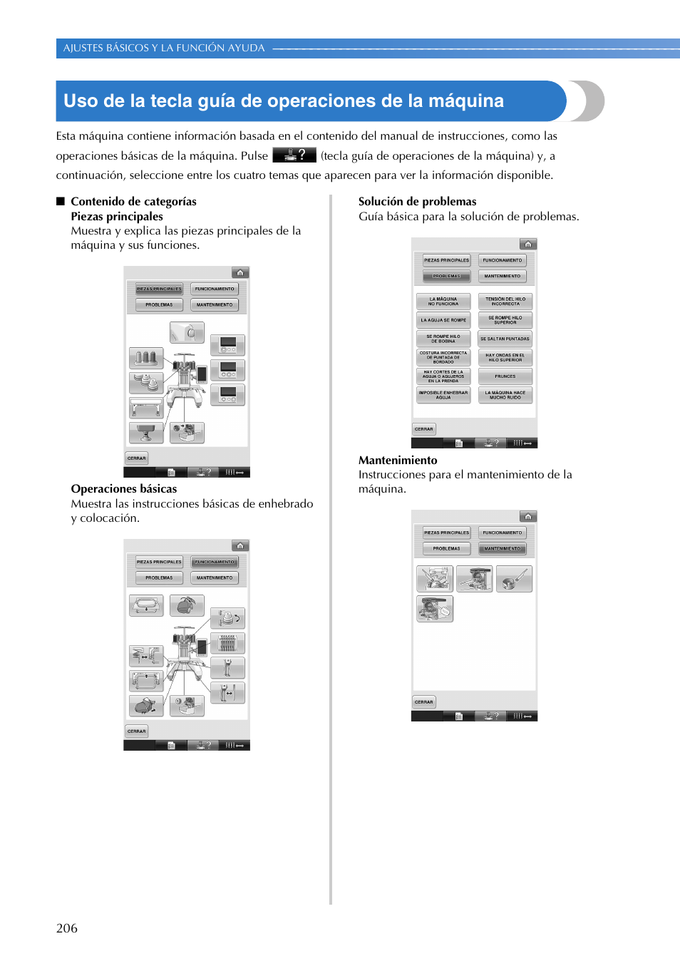 Uso de la tecla guía de operaciones de la máquina | Brother PR655 User Manual | Page 208 / 280