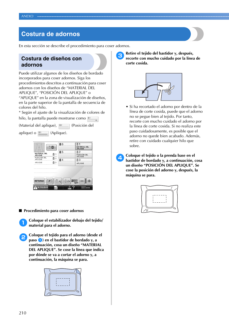 Costura de adornos, Costura de diseños con adornos | Brother PR655 User Manual | Page 212 / 280