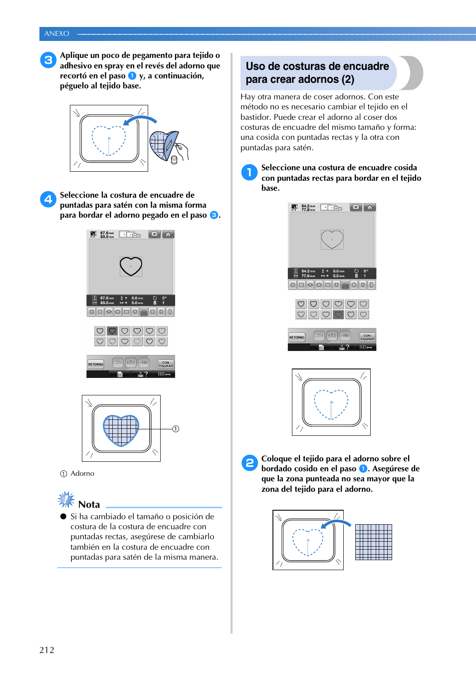 Uso de costuras de encuadre para crear adornos (2), Nota | Brother PR655 User Manual | Page 214 / 280