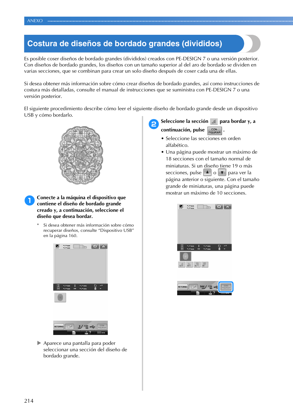 Costura de diseños de bordado grandes (divididos) | Brother PR655 User Manual | Page 216 / 280