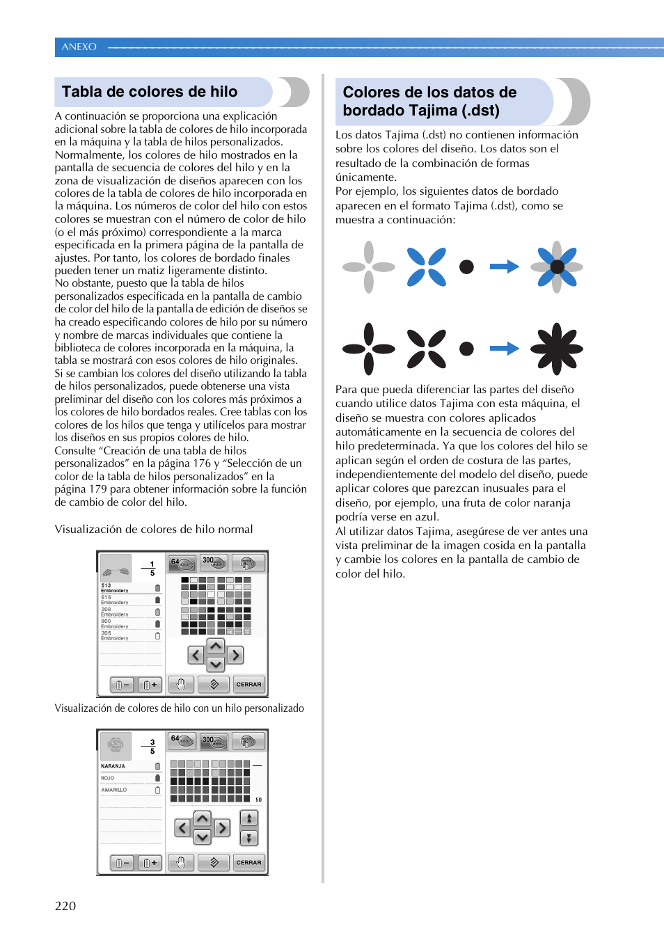 Tabla de colores de hilo, Colores de los datos de bordado tajima (.dst) | Brother PR655 User Manual | Page 222 / 280