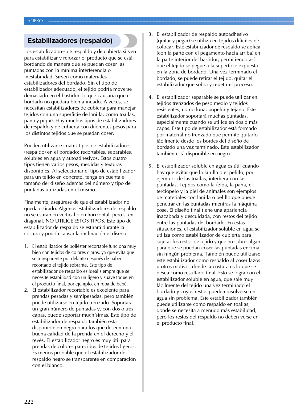 Estabilizadores (respaldo) | Brother PR655 User Manual | Page 224 / 280