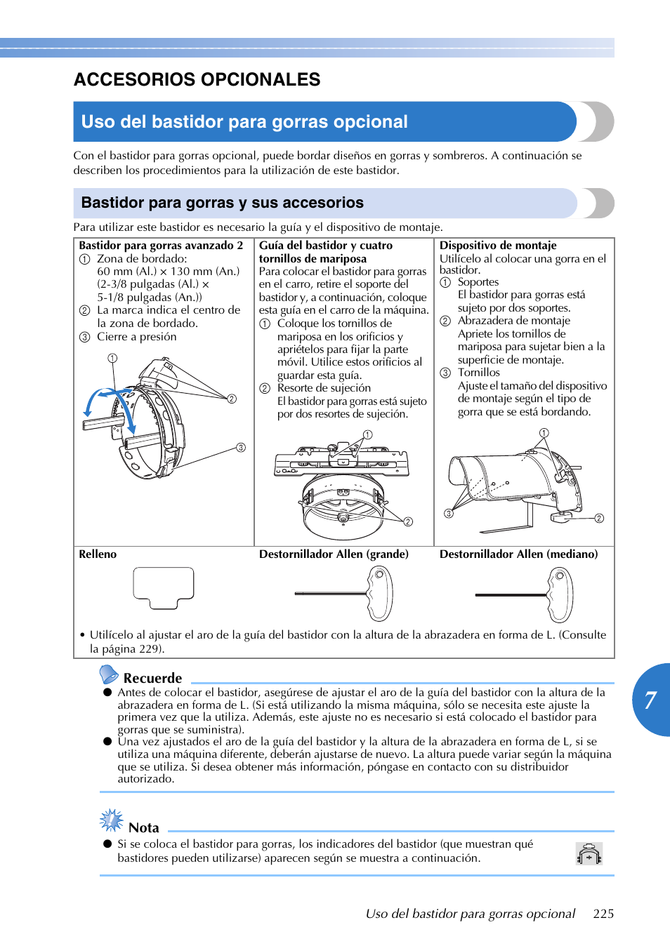 Bastidor para gorras y sus accesorios | Brother PR655 User Manual | Page 227 / 280