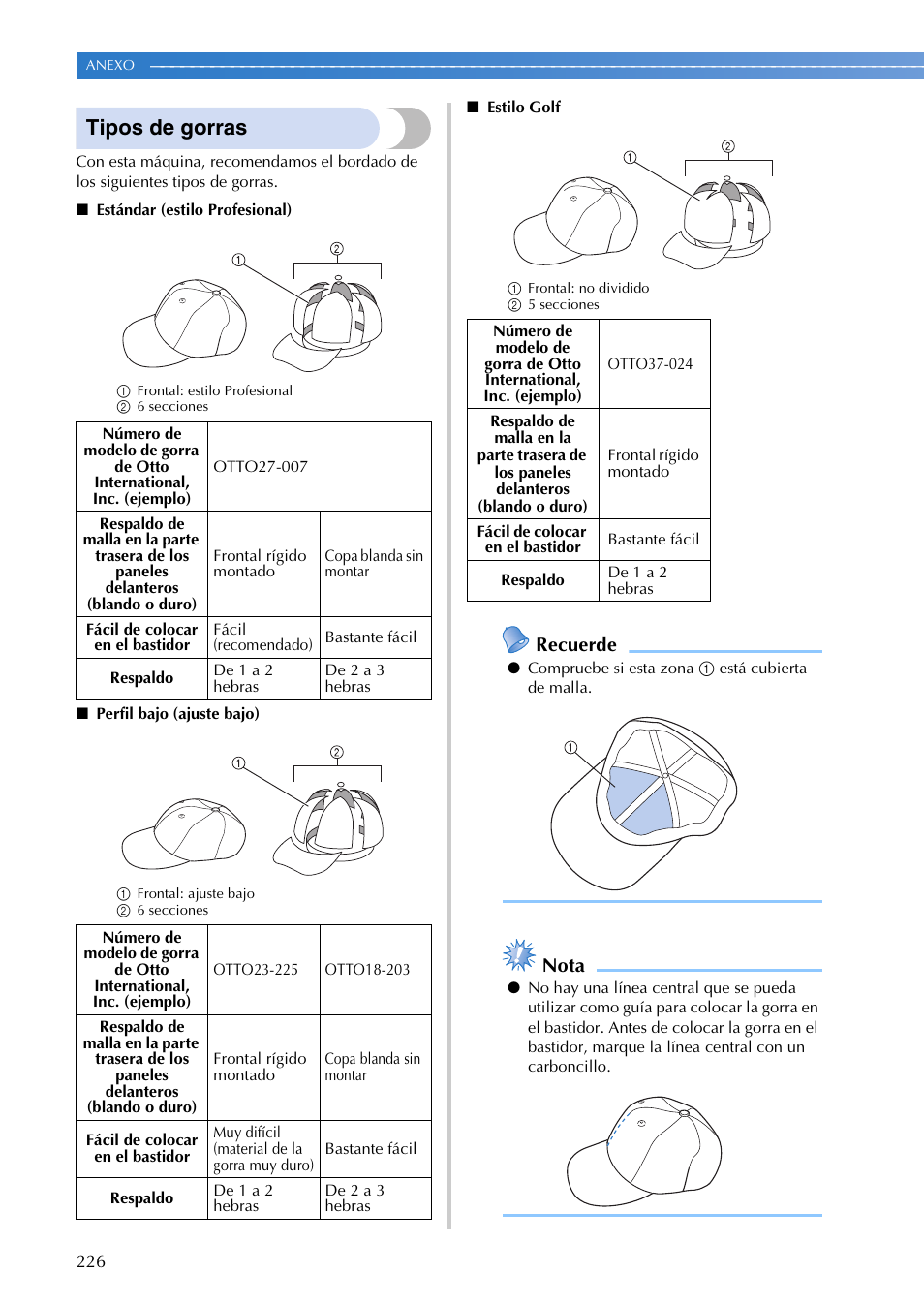 Tipos de gorras, Recuerde, Nota | Brother PR655 User Manual | Page 228 / 280