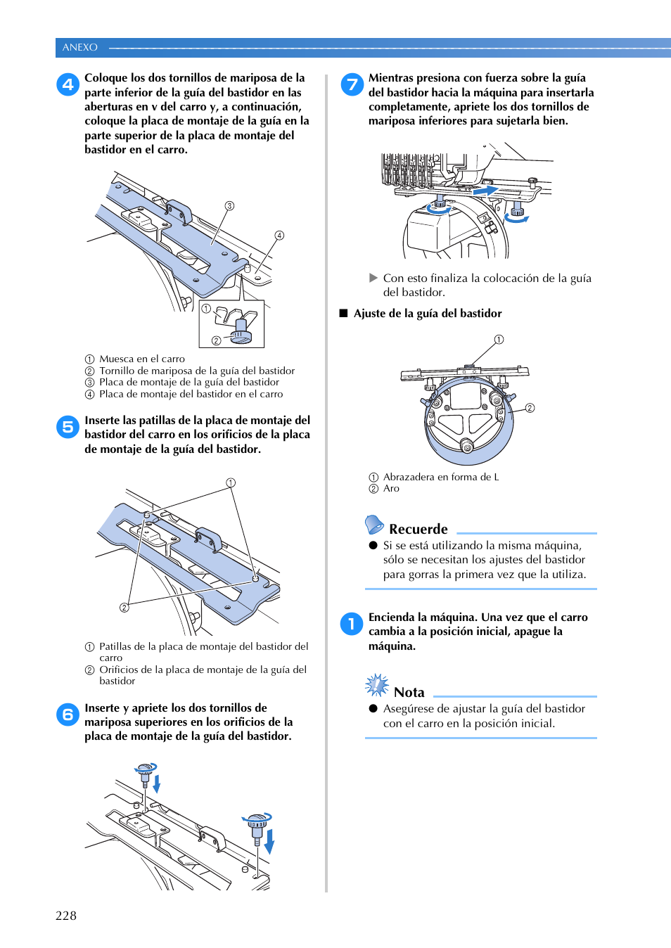 Recuerde, Nota | Brother PR655 User Manual | Page 230 / 280