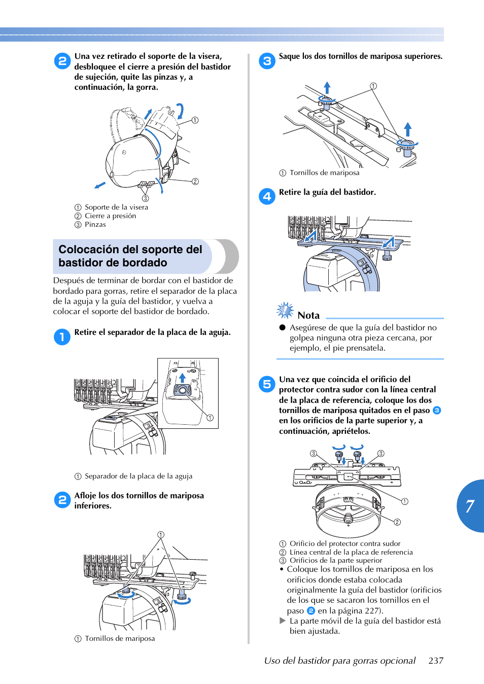 Colocación del soporte del bastidor de bordado, Nota | Brother PR655 User Manual | Page 239 / 280