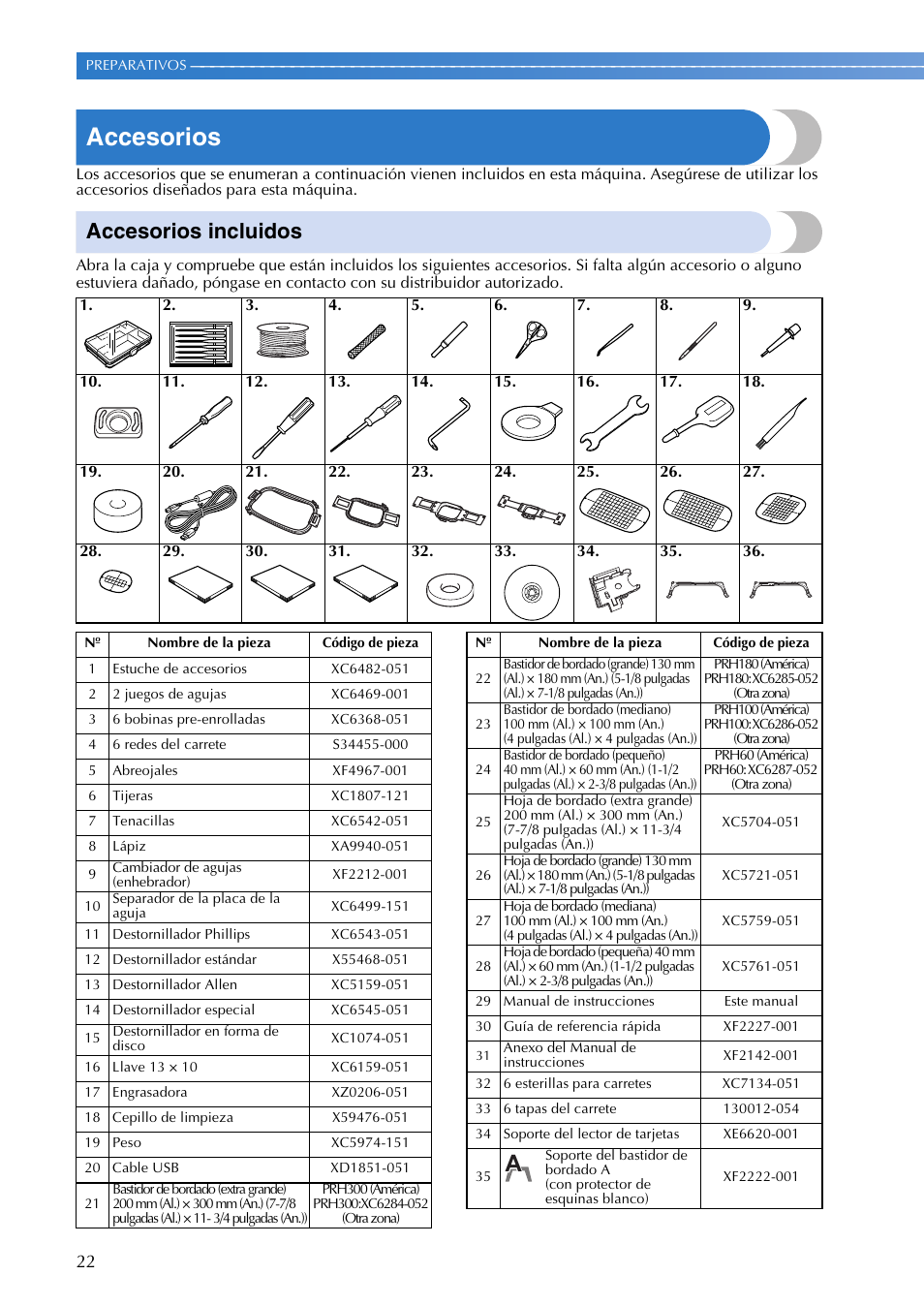 Accesorios, Accesorios incluidos | Brother PR655 User Manual | Page 24 / 280