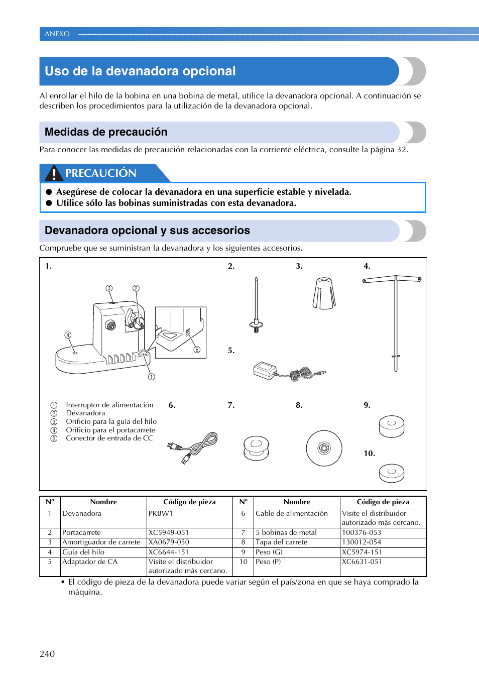 Uso de la devanadora opcional, Medidas de precaución, Precaución devanadora opcional y sus accesorios | Brother PR655 User Manual | Page 242 / 280