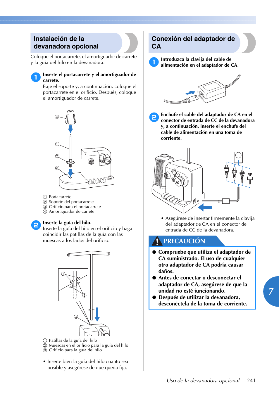 Instalación de la devanadora opcional, Conexión del adaptador de ca, Precaución | Brother PR655 User Manual | Page 243 / 280