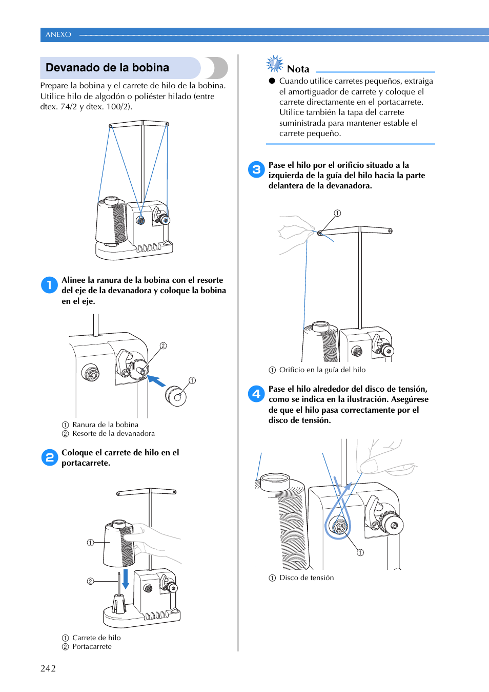 Devanado de la bobina, Nota | Brother PR655 User Manual | Page 244 / 280