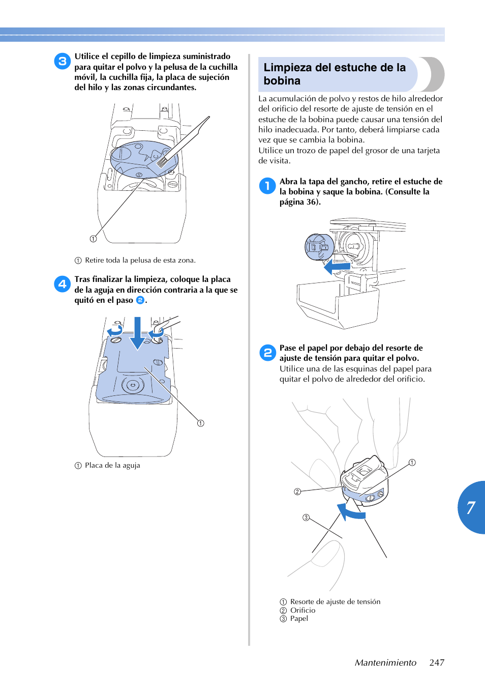Limpieza del estuche de la bobina | Brother PR655 User Manual | Page 249 / 280