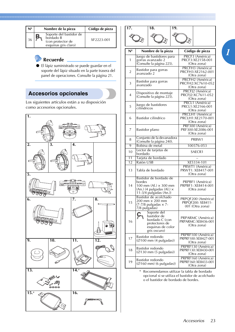 Accesorios opcionales, Recuerde | Brother PR655 User Manual | Page 25 / 280