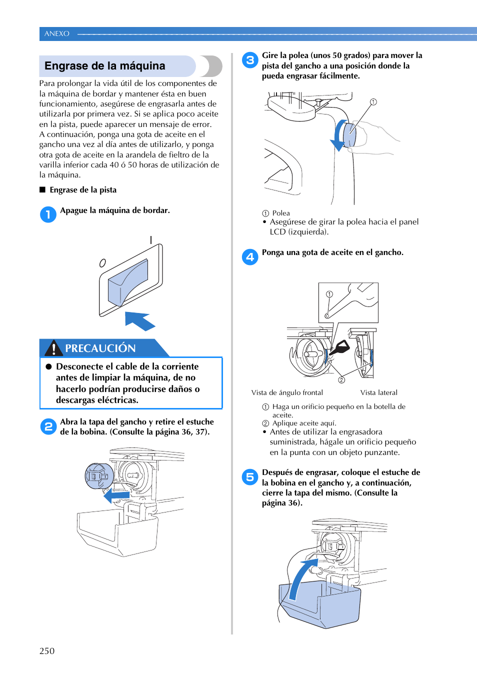 Engrase de la máquina, Precaución | Brother PR655 User Manual | Page 252 / 280