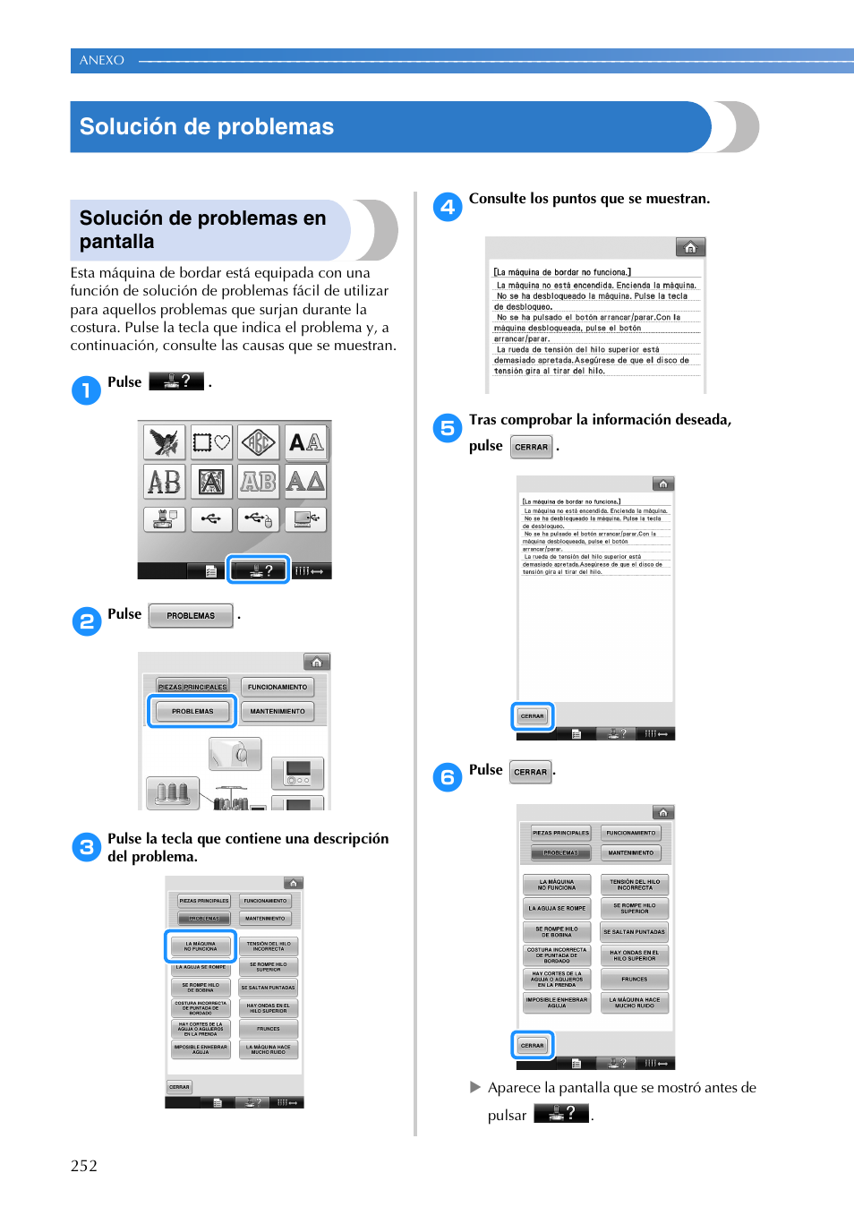 Solución de problemas, Solución de problemas en pantalla | Brother PR655 User Manual | Page 254 / 280
