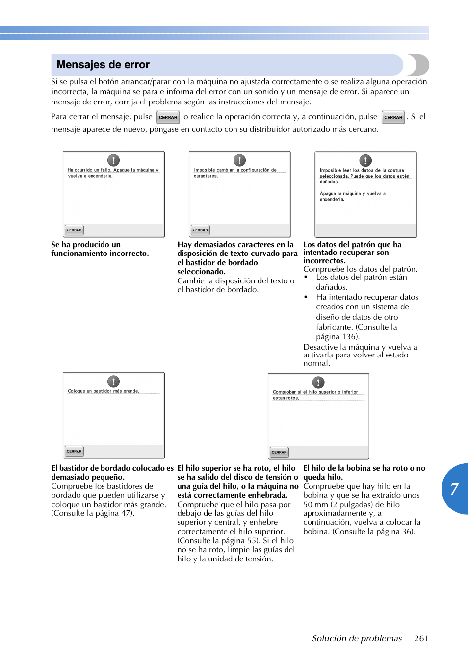 Mensajes de error | Brother PR655 User Manual | Page 263 / 280