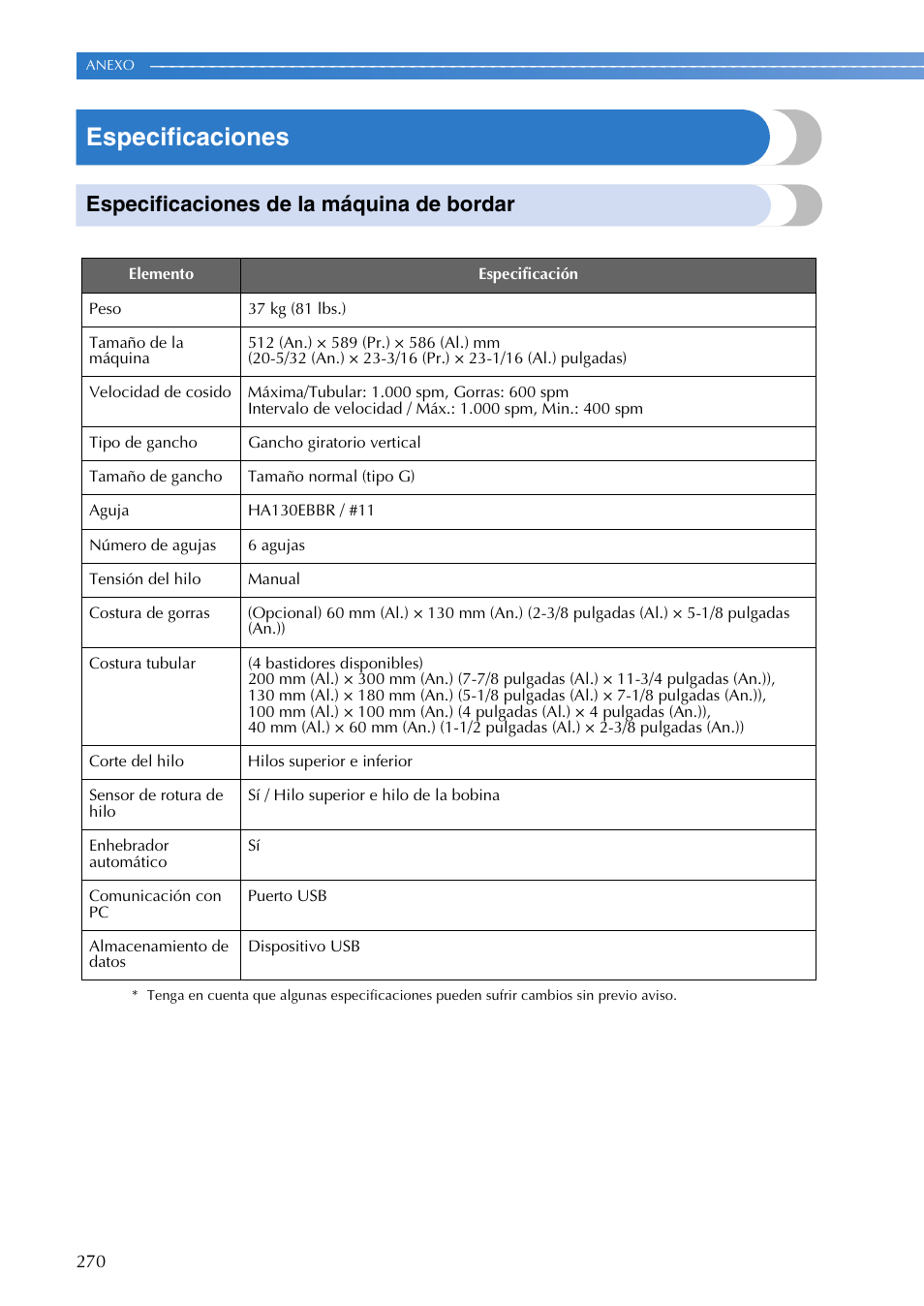 Especificaciones, Especificaciones de la máquina de bordar | Brother PR655 User Manual | Page 272 / 280