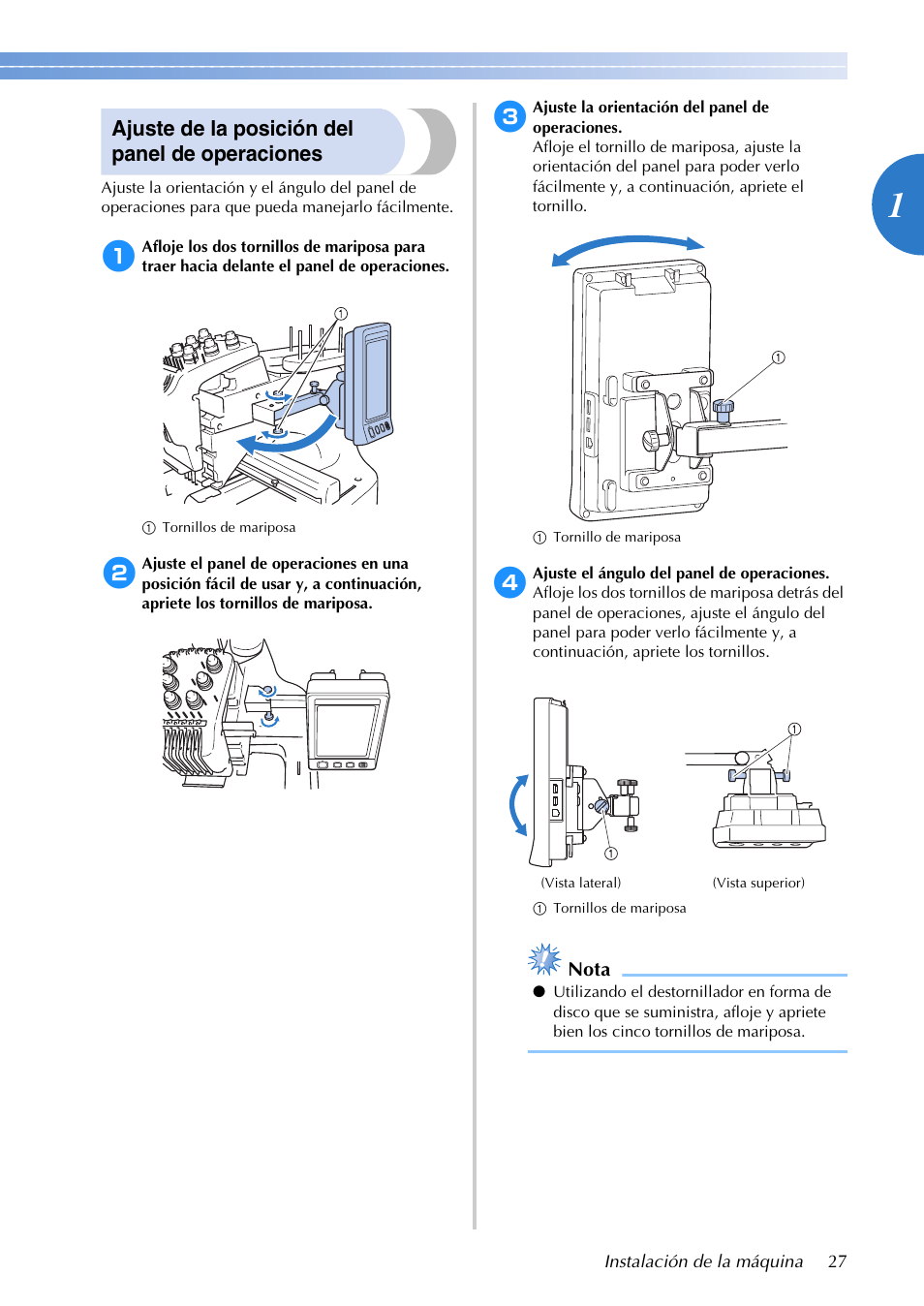 Ajuste de la posición del panel de operaciones | Brother PR655 User Manual | Page 29 / 280