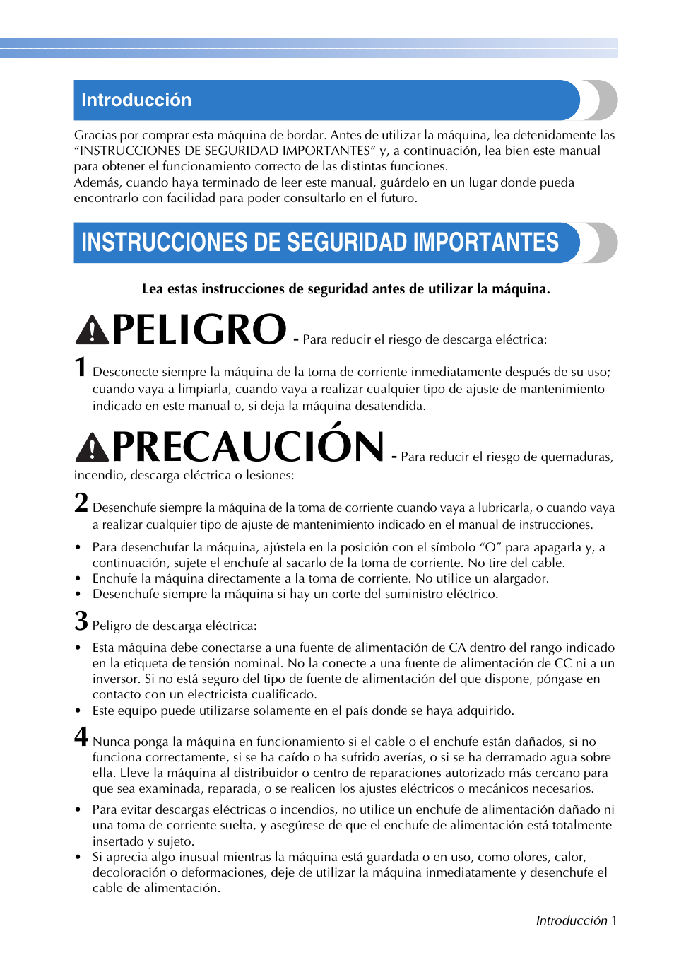 Peligro, Precaución, Instrucciones de seguridad importantes | Brother PR655 User Manual | Page 3 / 280