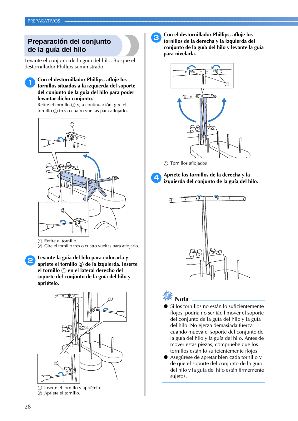 Preparación del conjunto de la guía del hilo, Nota | Brother PR655 User Manual | Page 30 / 280