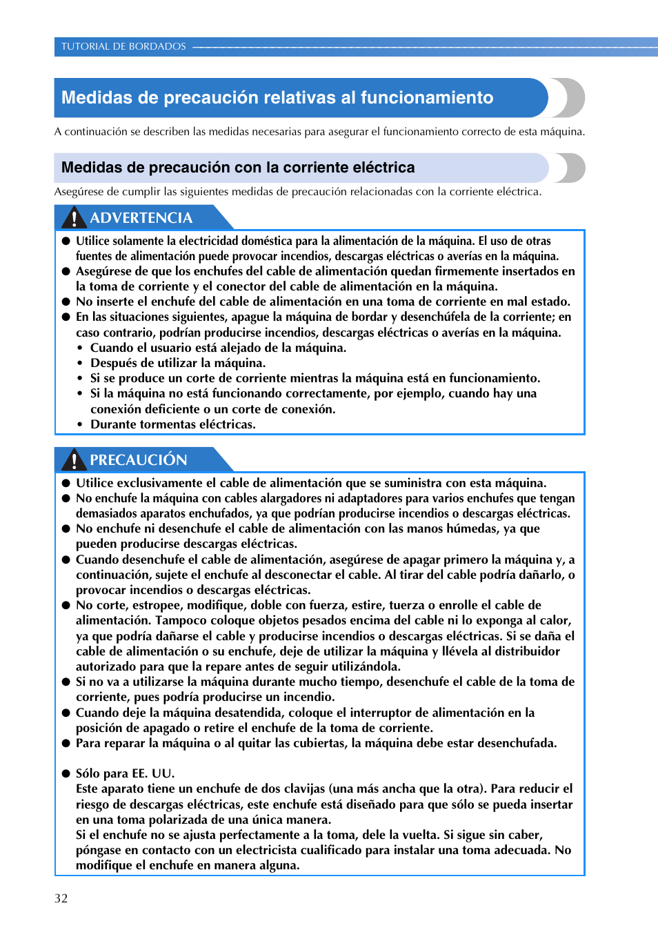 Medidas de precaución relativas al funcionamiento, Medidas de precaución con la corriente eléctrica, Advertencia precaución | Brother PR655 User Manual | Page 34 / 280