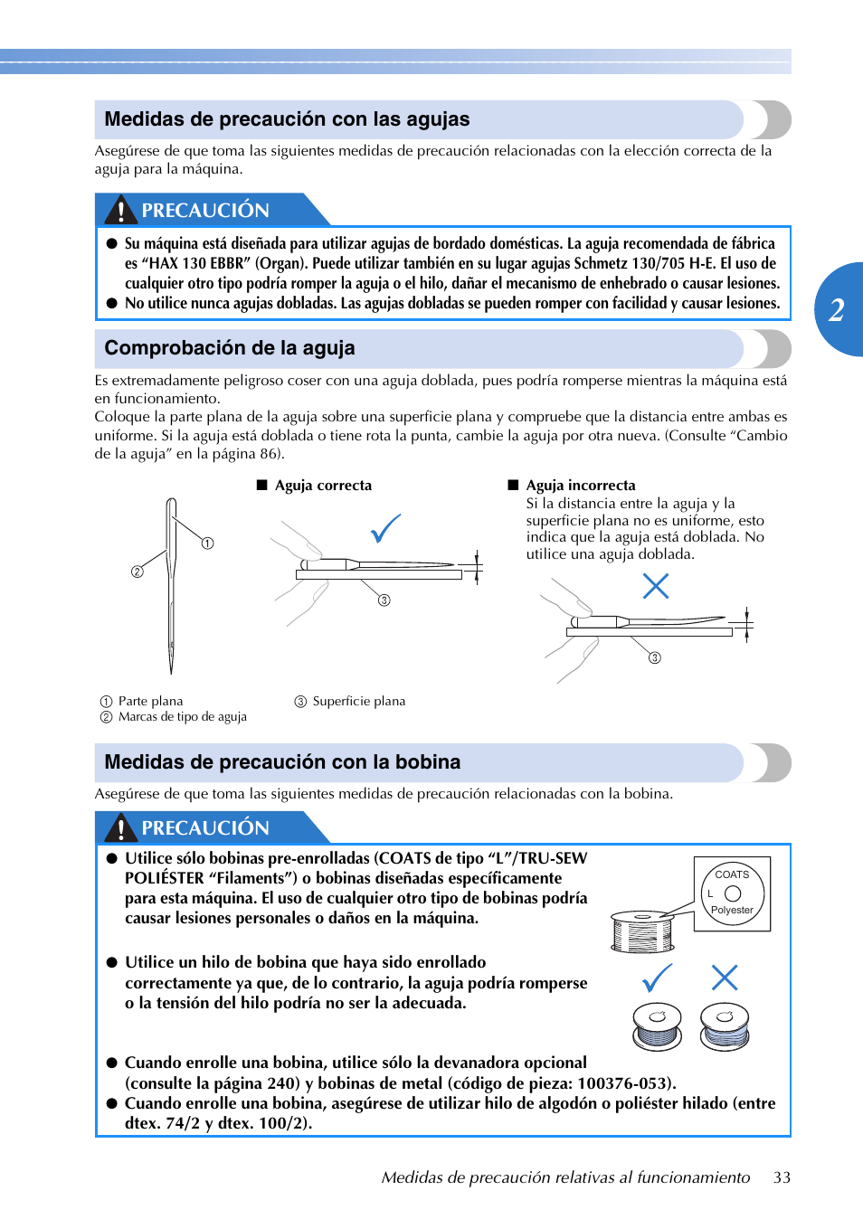 Medidas de precaución con las agujas, Precaución comprobación de la aguja, Medidas de precaución con la bobina | Precaución | Brother PR655 User Manual | Page 35 / 280