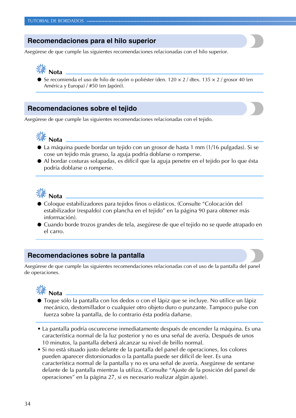 Recomendaciones para el hilo superior, Recomendaciones sobre el tejido, Recomendaciones sobre la pantalla | Brother PR655 User Manual | Page 36 / 280