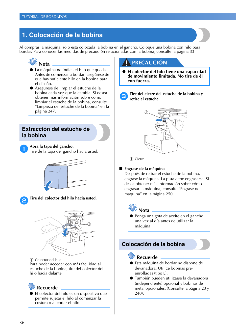 Colocación de la bobina, Extracción del estuche de la bobina, Precaución | Brother PR655 User Manual | Page 38 / 280