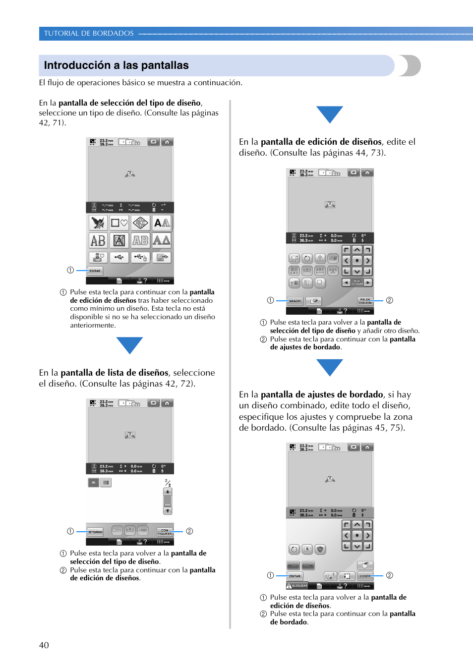 Introducción a las pantallas | Brother PR655 User Manual | Page 42 / 280