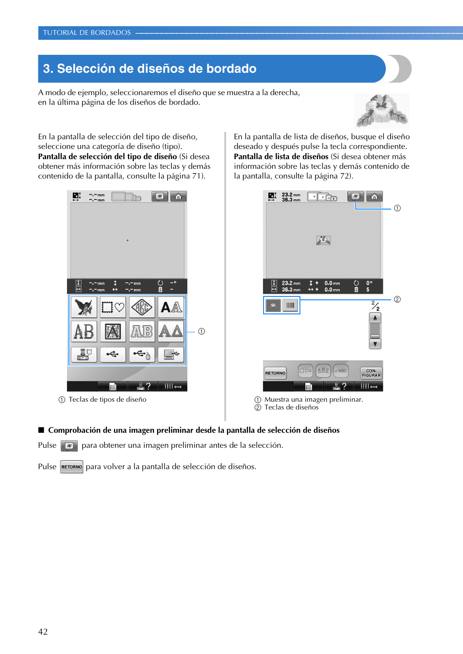 Selección de diseños de bordado | Brother PR655 User Manual | Page 44 / 280
