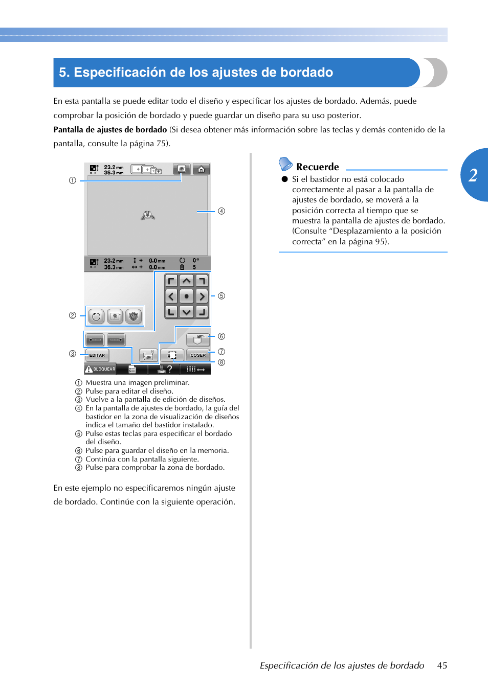 Especificación de los ajustes de bordado, Recuerde | Brother PR655 User Manual | Page 47 / 280