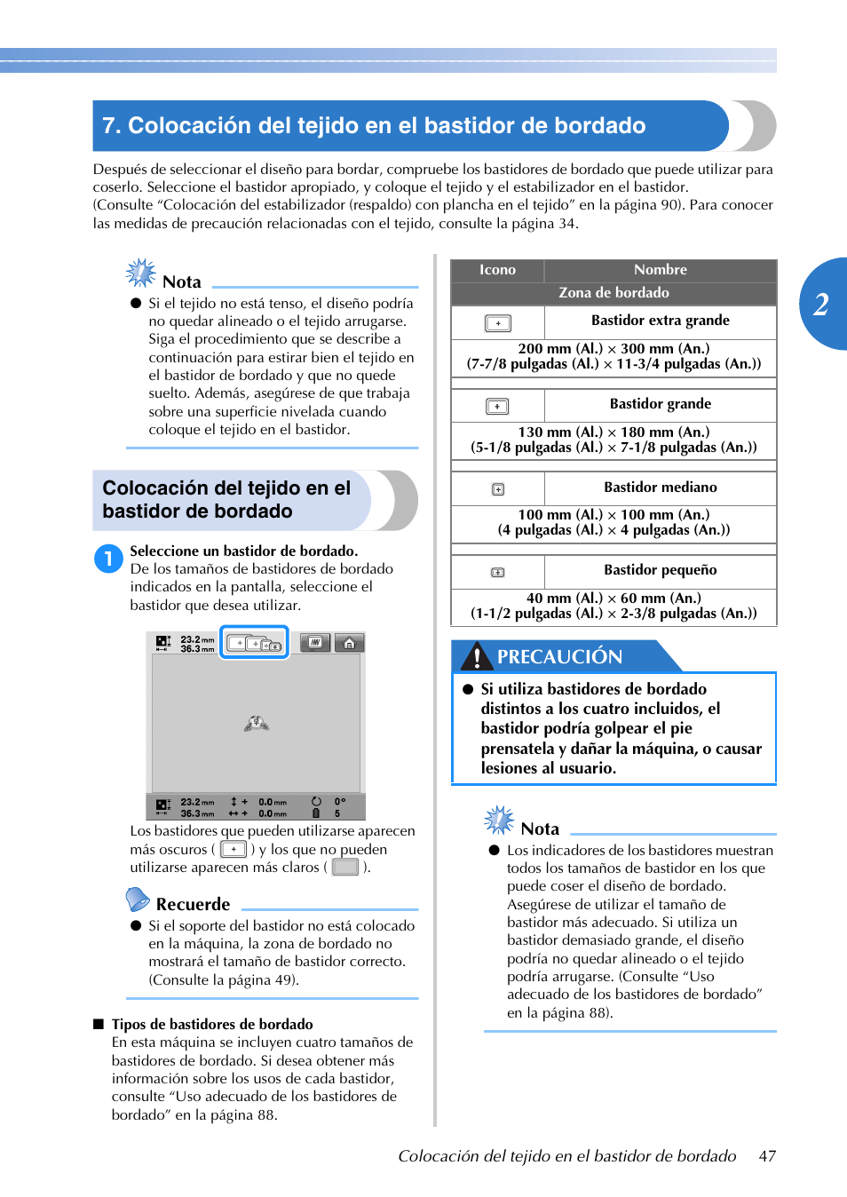 Colocación del tejido en el bastidor de bordado, Precaución | Brother PR655 User Manual | Page 49 / 280