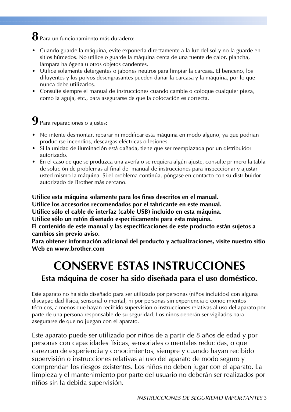 Conserve estas instrucciones | Brother PR655 User Manual | Page 5 / 280