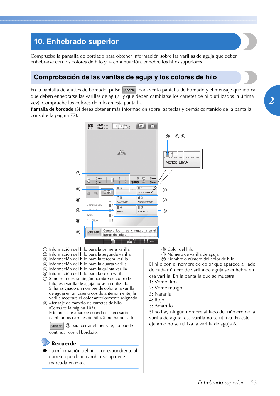 Enhebrado superior, Recuerde | Brother PR655 User Manual | Page 55 / 280