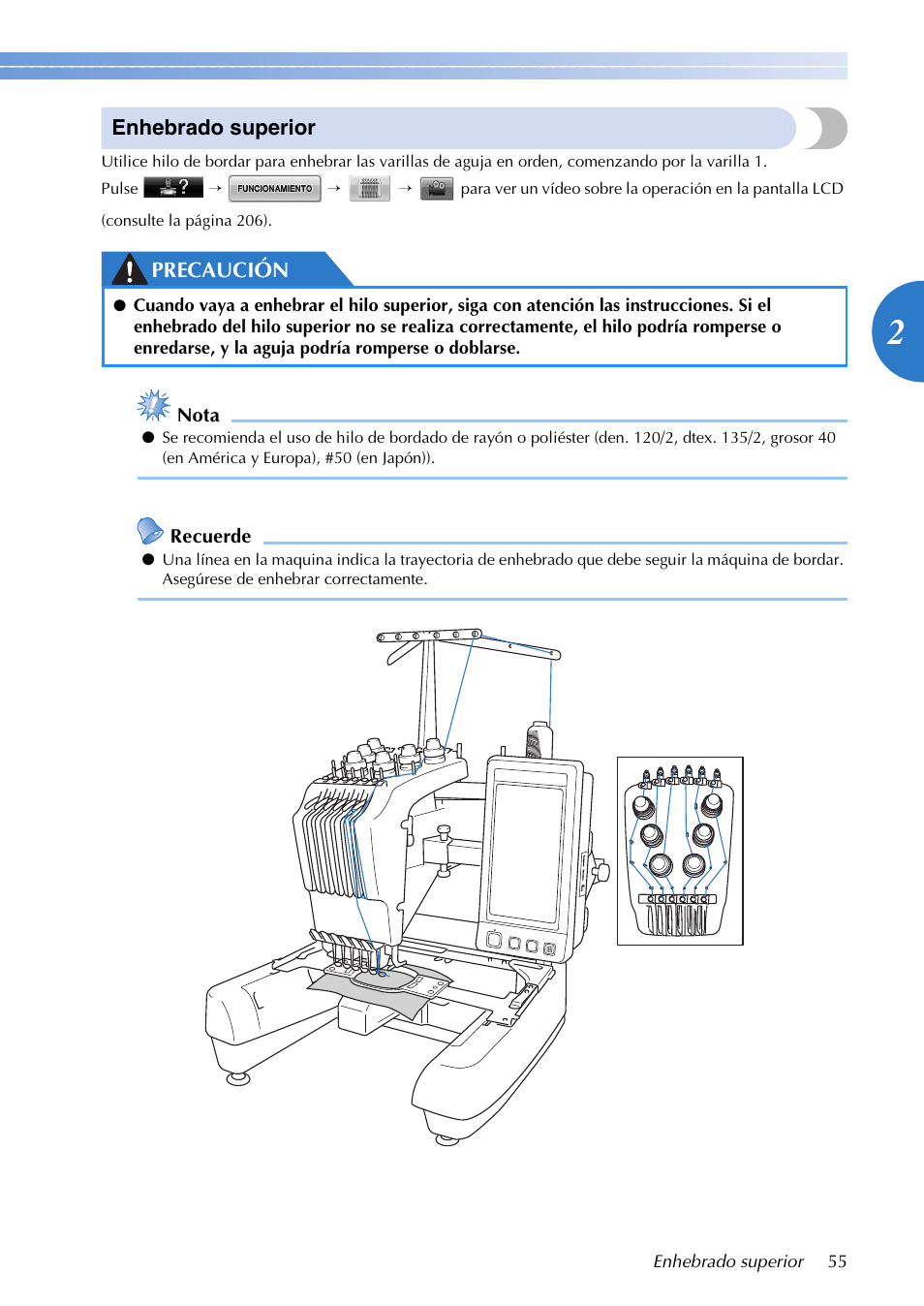 Enhebrado superior, Precaución | Brother PR655 User Manual | Page 57 / 280