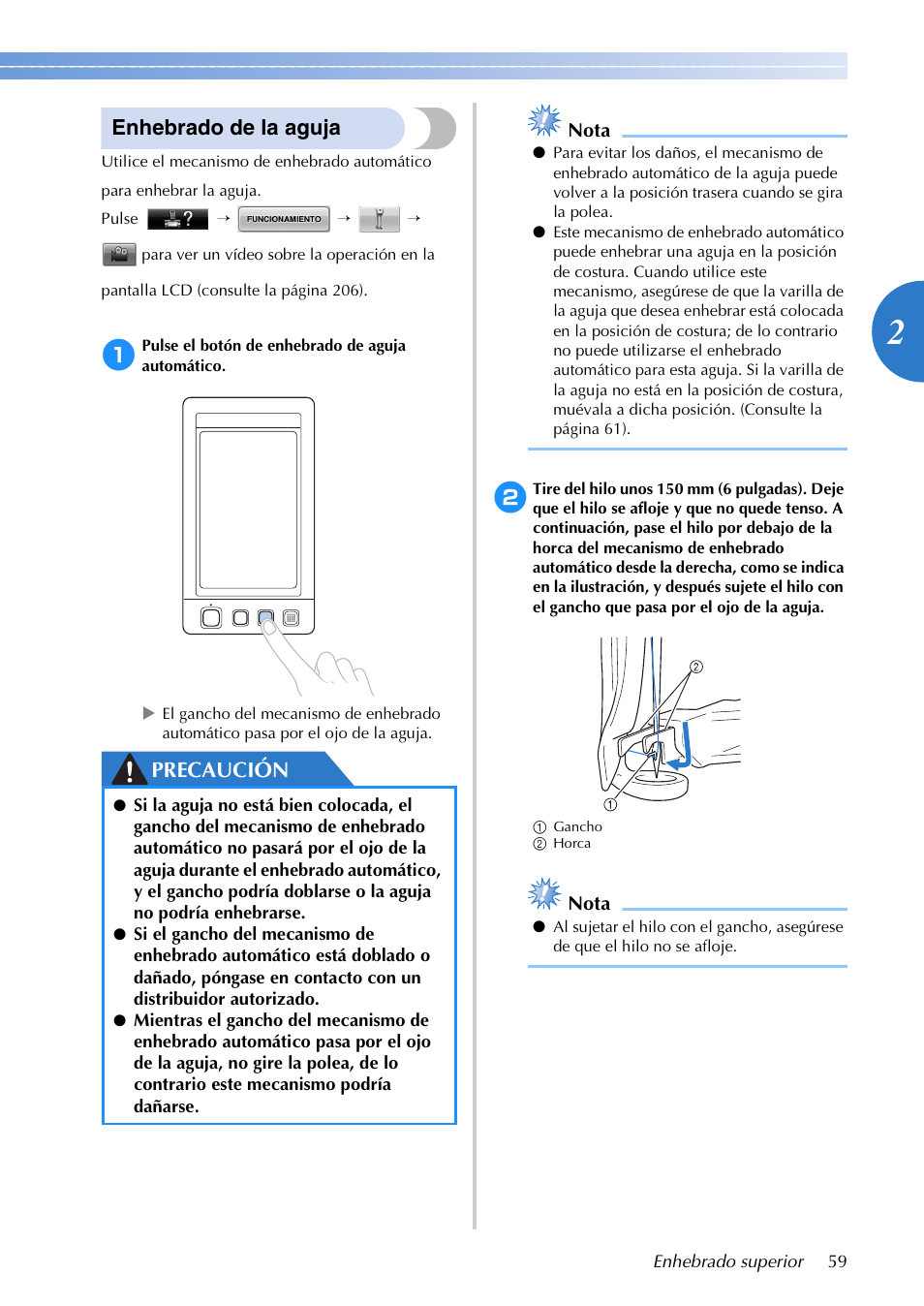 Enhebrado de la aguja, Precaución | Brother PR655 User Manual | Page 61 / 280