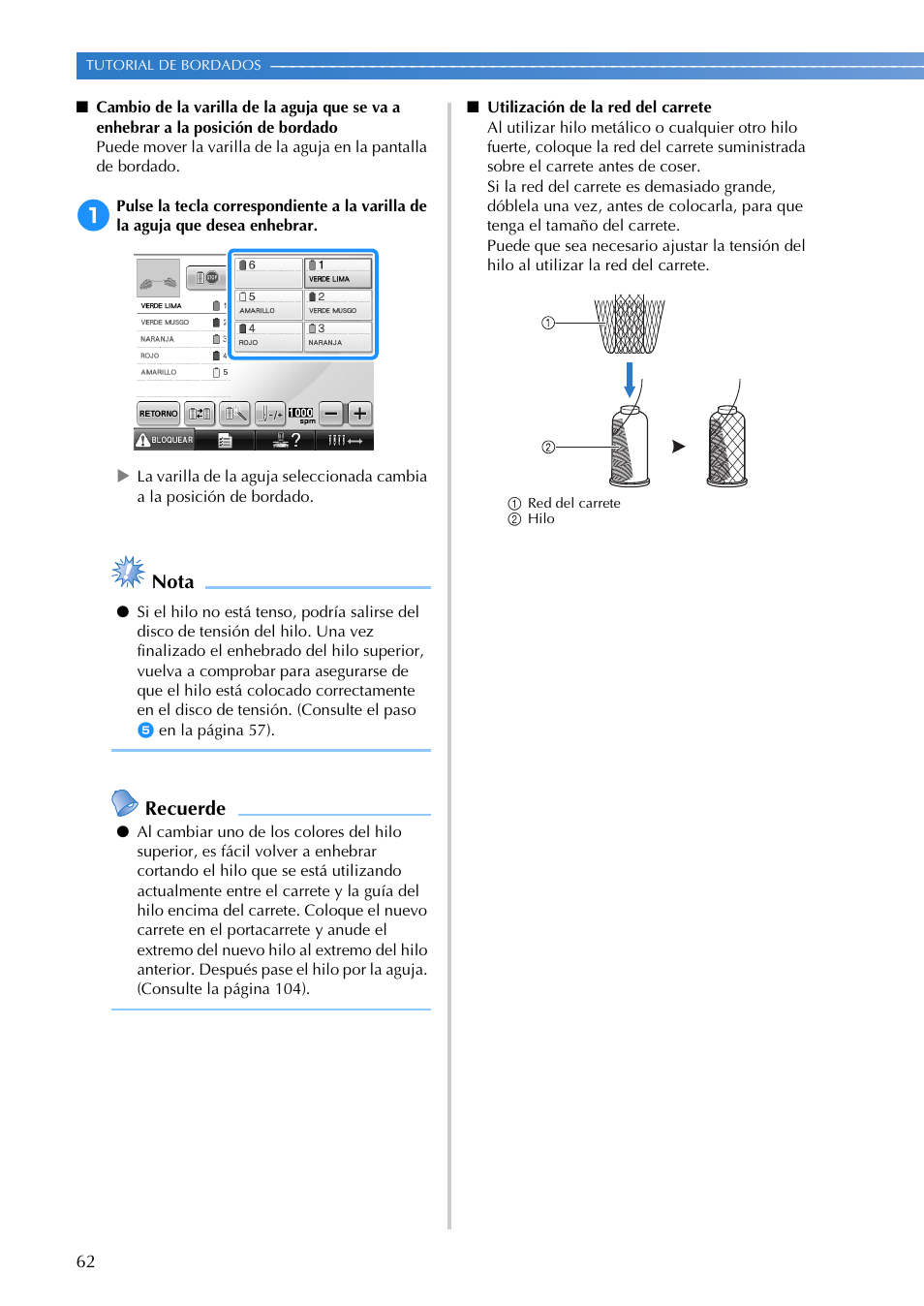 Nota, Recuerde | Brother PR655 User Manual | Page 64 / 280