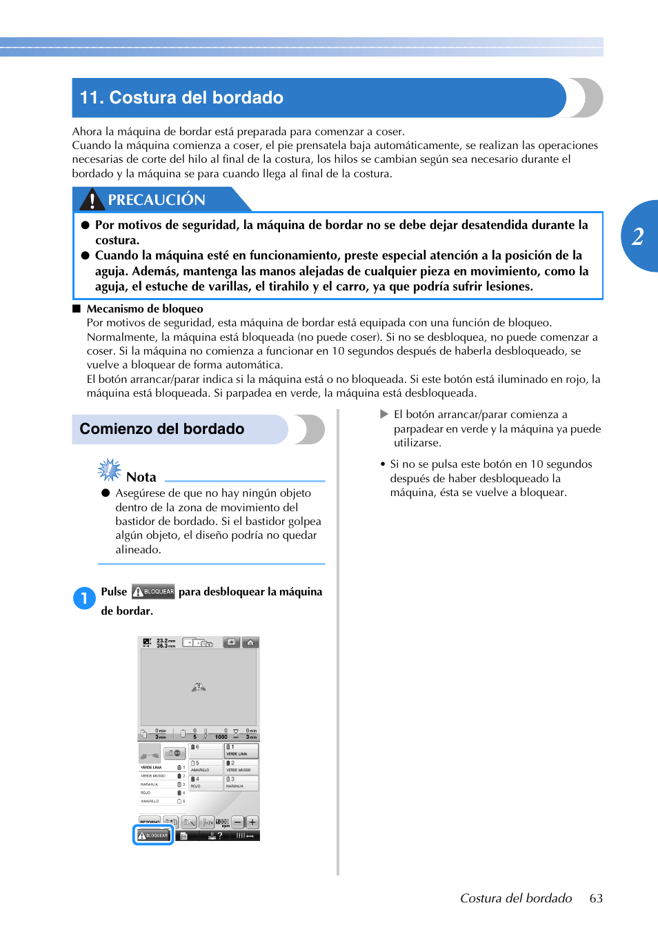 Costura del bordado, Precaución, Comienzo del bordado | Brother PR655 User Manual | Page 65 / 280