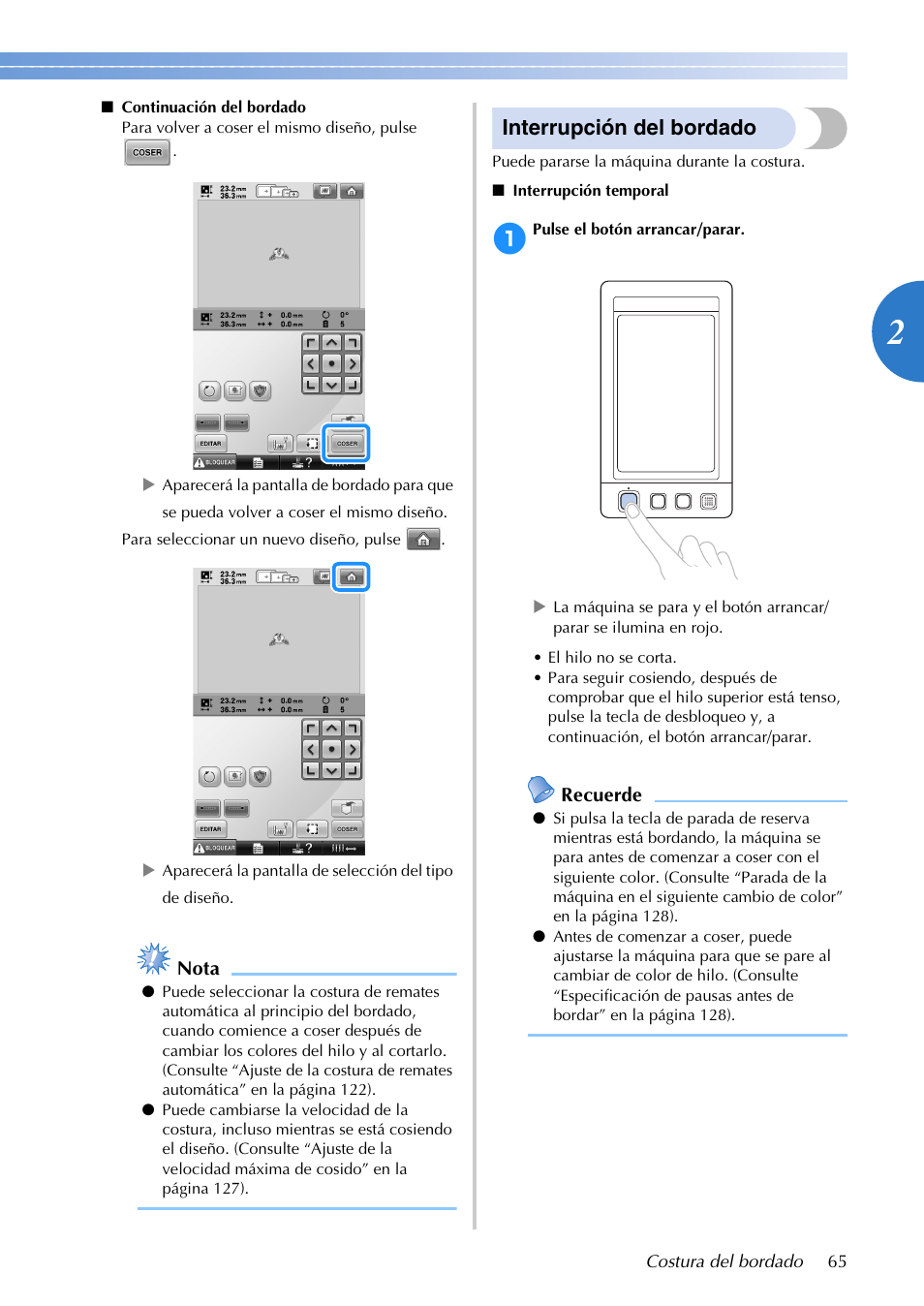 Interrupción del bordado | Brother PR655 User Manual | Page 67 / 280