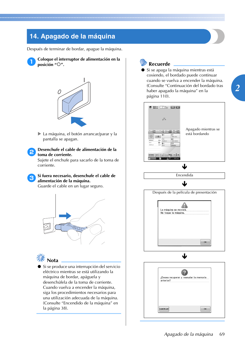 Apagado de la máquina | Brother PR655 User Manual | Page 71 / 280