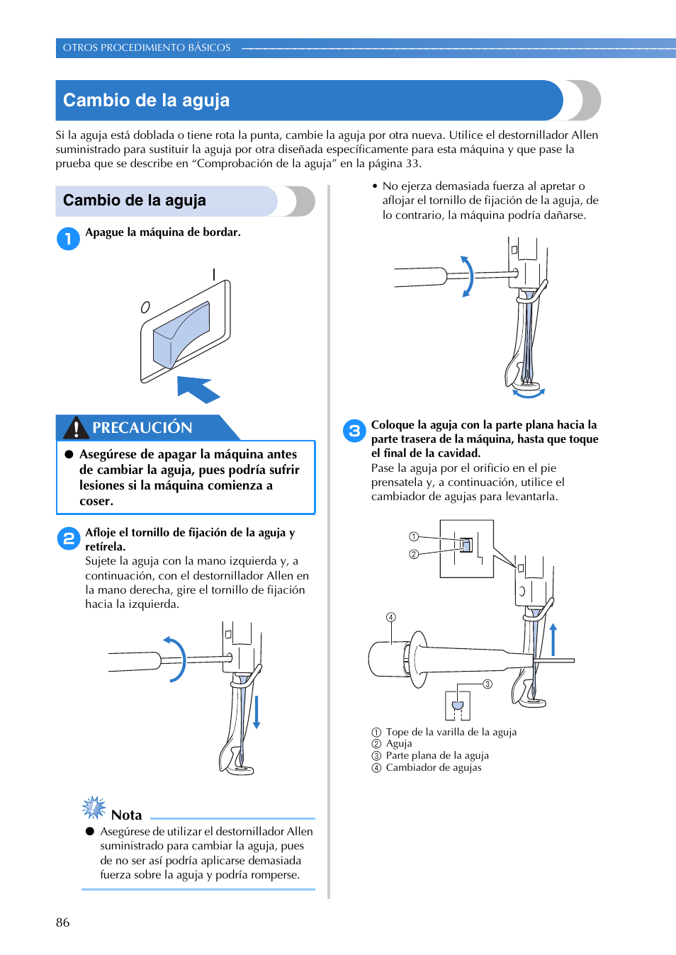Cambio de la aguja, Precaución | Brother PR655 User Manual | Page 88 / 280